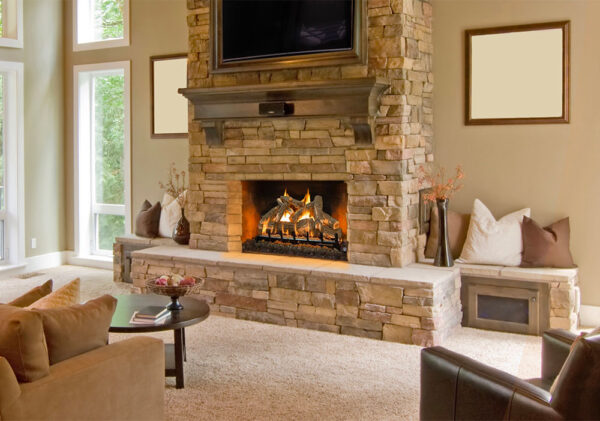  A rustic brick fireplace in a living room setting. 