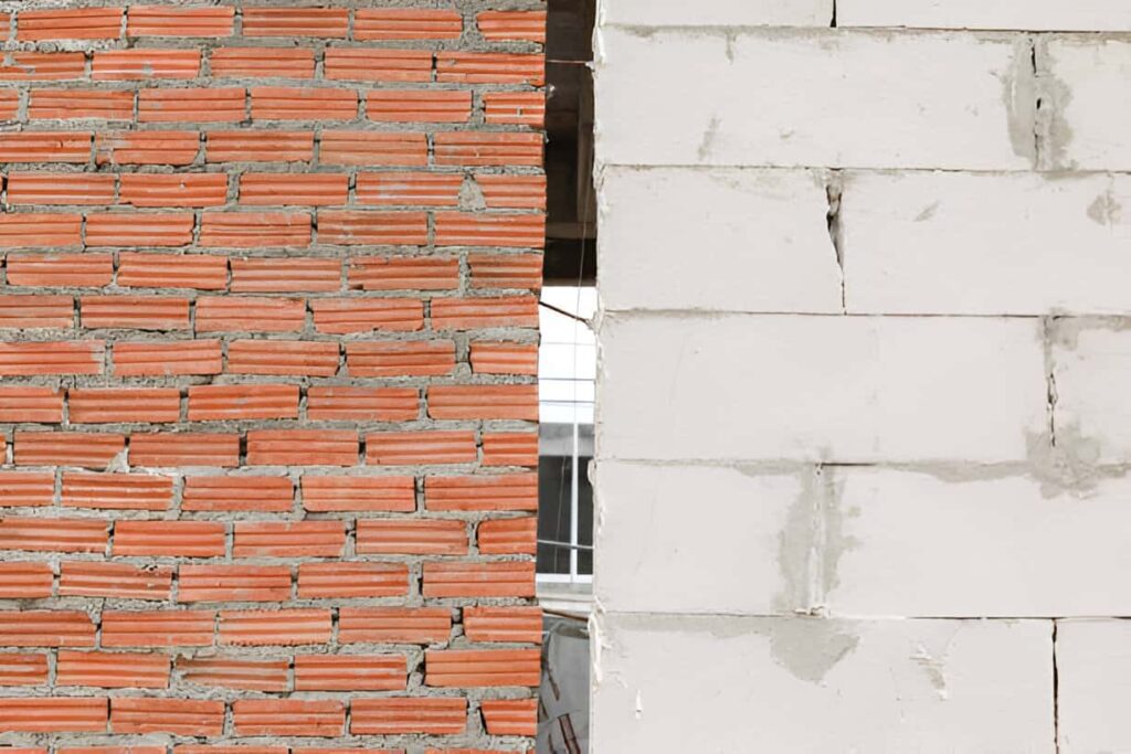Side-by-side image of traditional red bricks vs concrete masonry blocks